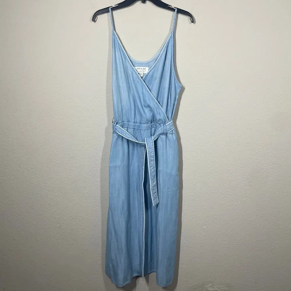 Cloth & Stone XL Surplice Chambray Midi Dress Light Blue Denim Belted Sleeveless - Picture 3 of 9